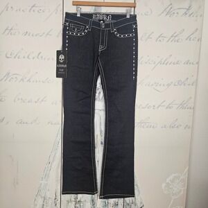 Rawkn Los Angeles Womens Bootcut Jeans Dark Wash Skull Lightning Bolt Studded 28